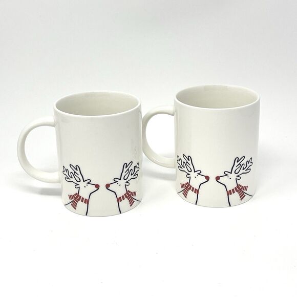NWT Crate & Barrel 2023 Christmas Joan Anderson Reindeer Mugs Cups Set Of 2 NEW - Picture 1 of 6
